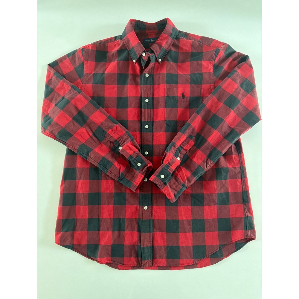 Ralph Lauren Mens XL Buffalo Plaid Button Down Shirt Red Black Canvas Cotton